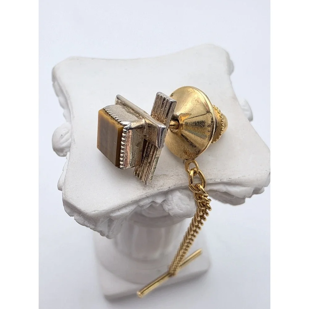 Vintage Natural Tiger's Eye Tie Tack Pin Gold Tone Semi-Precious FREE $HIPPING!!